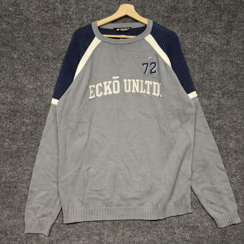 Vintage Ecko Unltd Ribbed Knit Sweater Gray Navy Blue Y2K Spellout Crewneck M